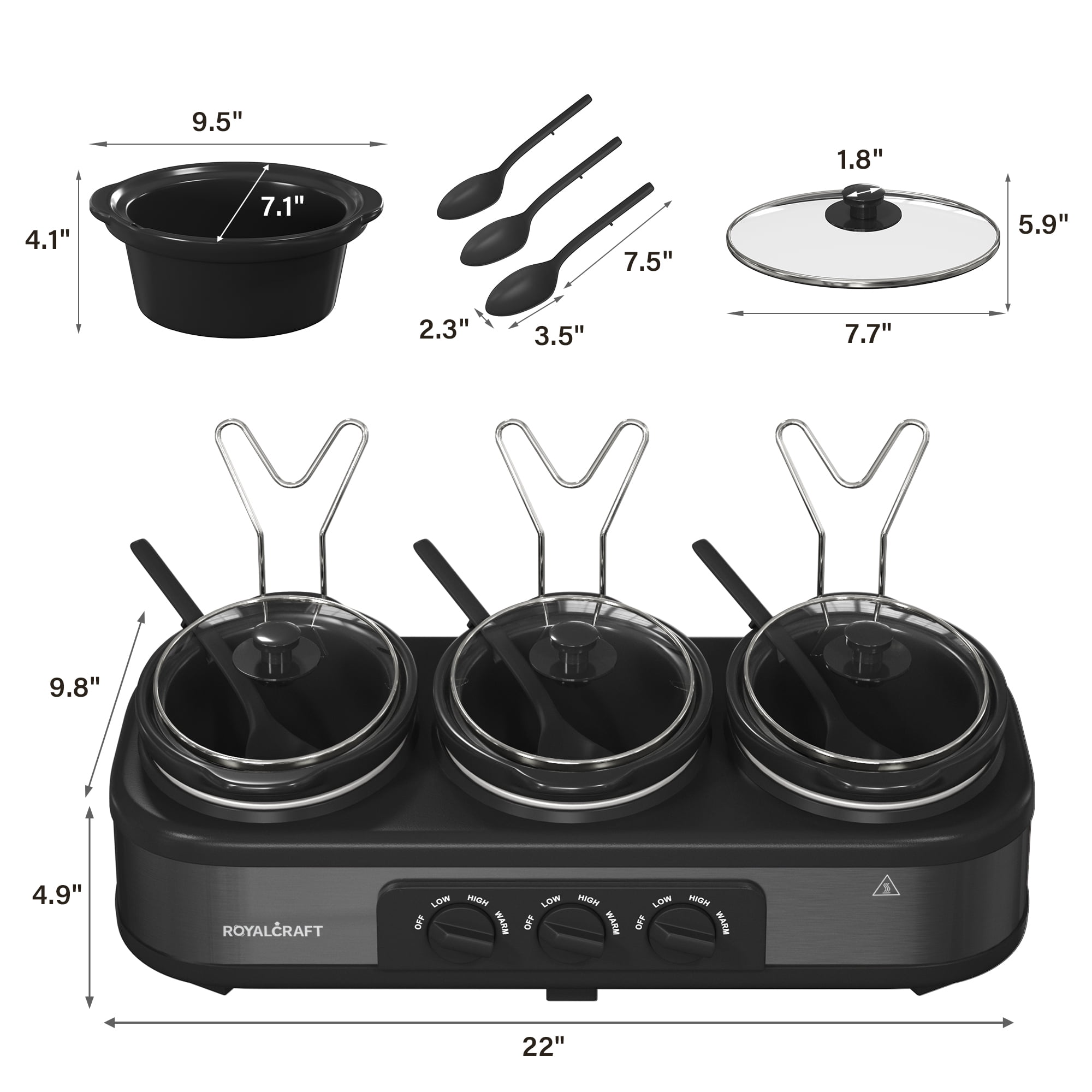 Sunvivi Small Double Slow Cooker, 2 Pot 1.25 Quart Oval Crock Food Warmer Buffet Server, Stainless Steel, Size: 2 x 1.25 qt, Black