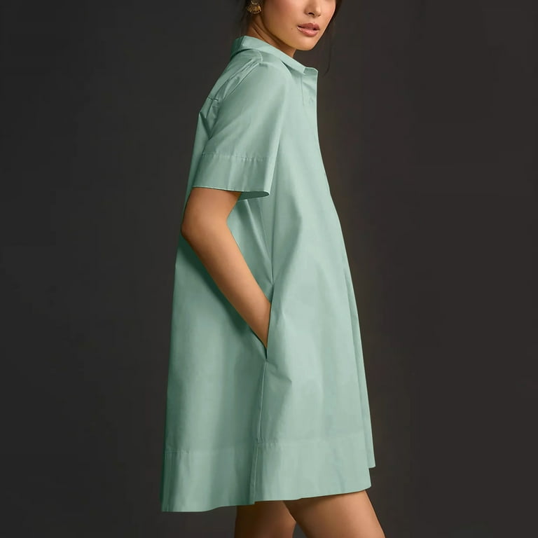 Women Shirt Dress Short Sleeve Loose Casual Summer Button Down Tunic Dresses  With Pockets Ruffle Dress Short Sleeve Beach Dress Summer Dress Summer Dress  for Women Short Ladies Casual Two Dress -