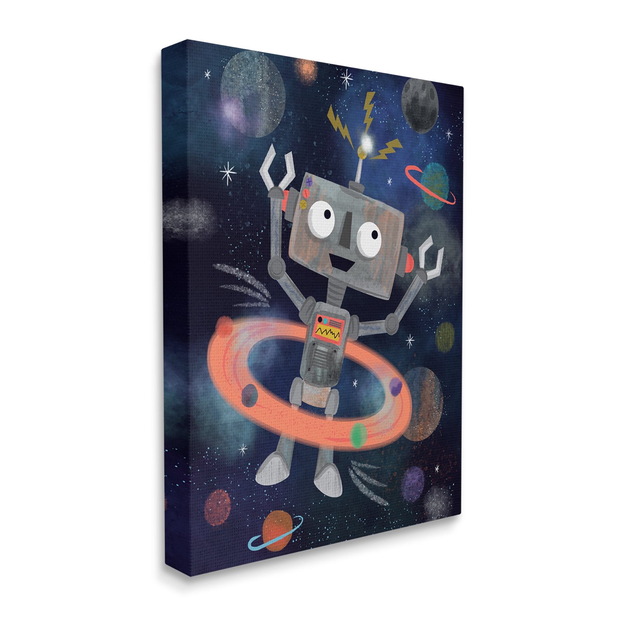 Stupell Industries Quirky Robot Outer Space Universe Surrounding Planets Graphic Art Gallery Wrapped Canvas Print Wall Art, Design by Lisa Whitebutton
