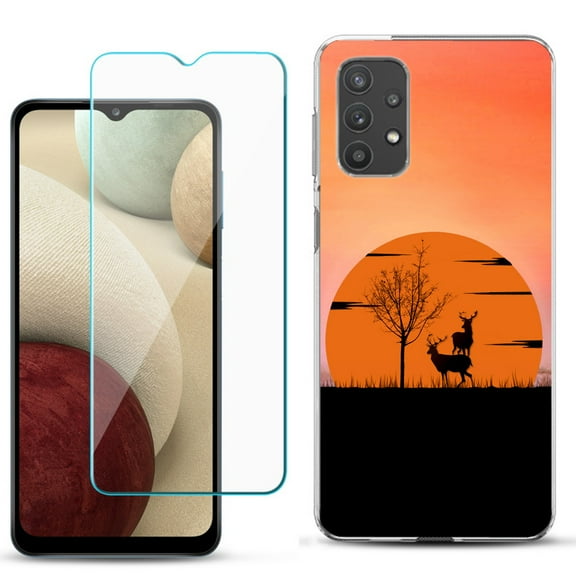 Slim-Fit TPU Phone Case compatible with Samsung Galaxy A32 5G, with Tempered Glass Screen Protector, by OneToughShield ® - Sunset Deer