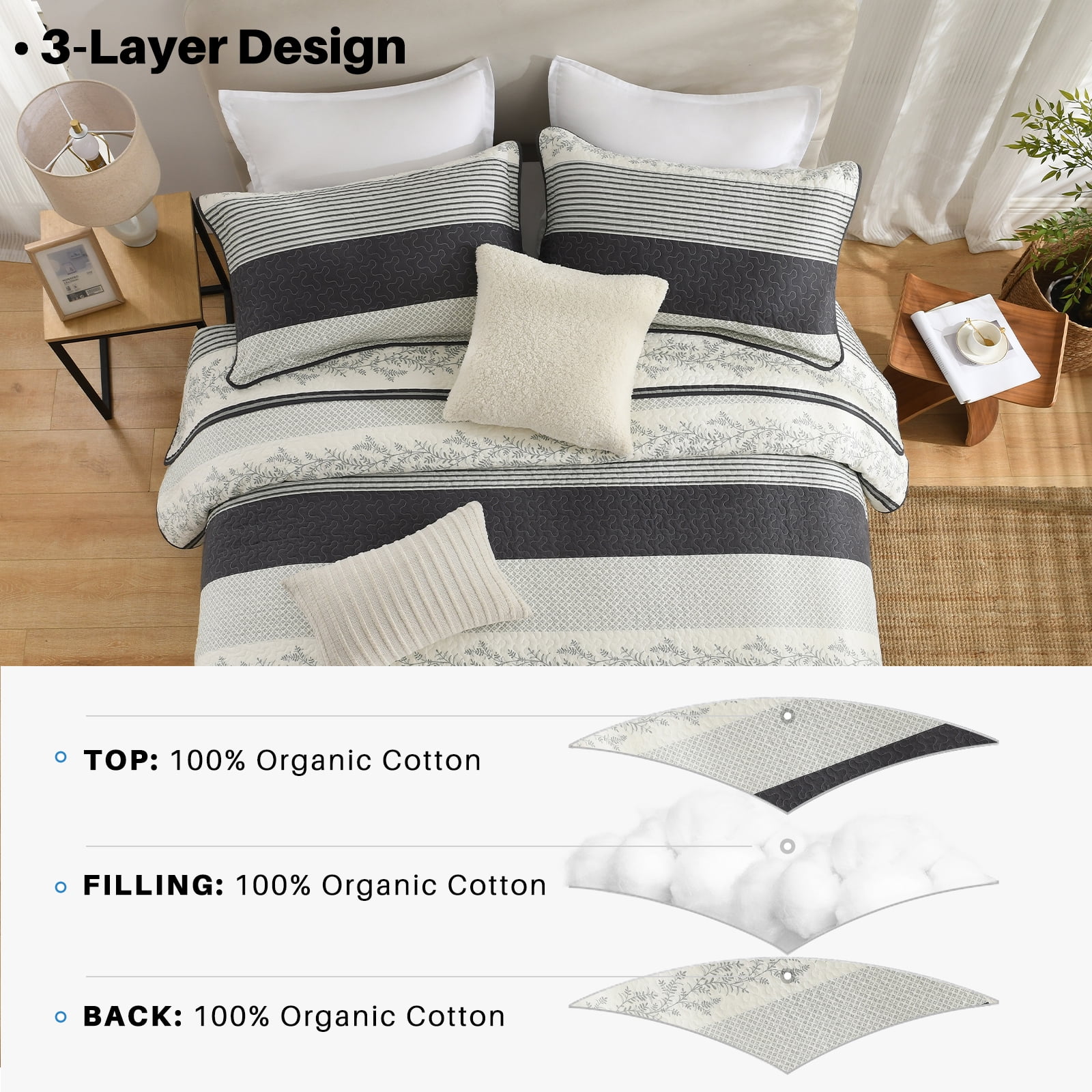 Bedduvit White Gray Floral Striped Quilt Queen, 100% Organic Cotton Queen Size Quilted Bedspread Set with 2 Shams, Botanical Vintage Lightweight Reversible 3-Piece Coverlet Bedding Set, 98"x90"
