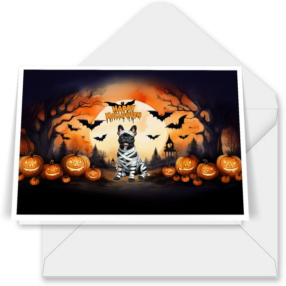 Mummy French Bulldog Happy Halloween with Pumpkins Bats Spooky Fun 7x5in Folded Greeting Card Dog Lover Gifts Single Note Card with Envelope - 00019