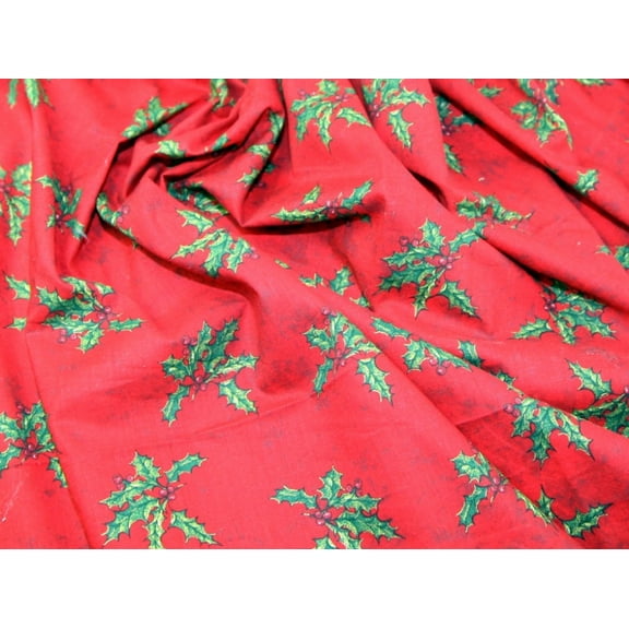 Traditional Holly Print Christmas Cotton Dress Fabric Red - per yard