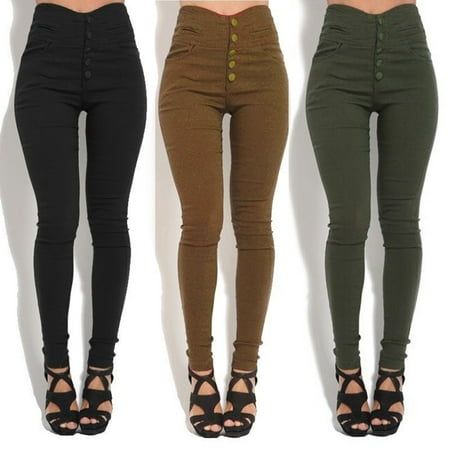 - Womens Pencil Pants Button High Waist Pants Skinny Elastic Stretchy Slim Trousers female Casual Leggings Sweatpants Plus Size S-3XL