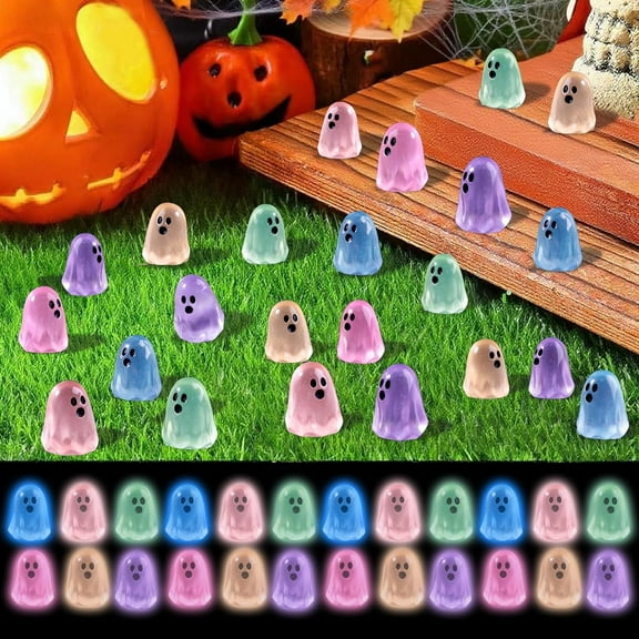 20pcs Halloween Mini Ghosts Figures, Luminous Tiny Resin Halloween Decor Cute Ghost Figure Hide Glow in The Dark Statues, Halloween Sale Clearance for Party Favors Dollhouse Decorations