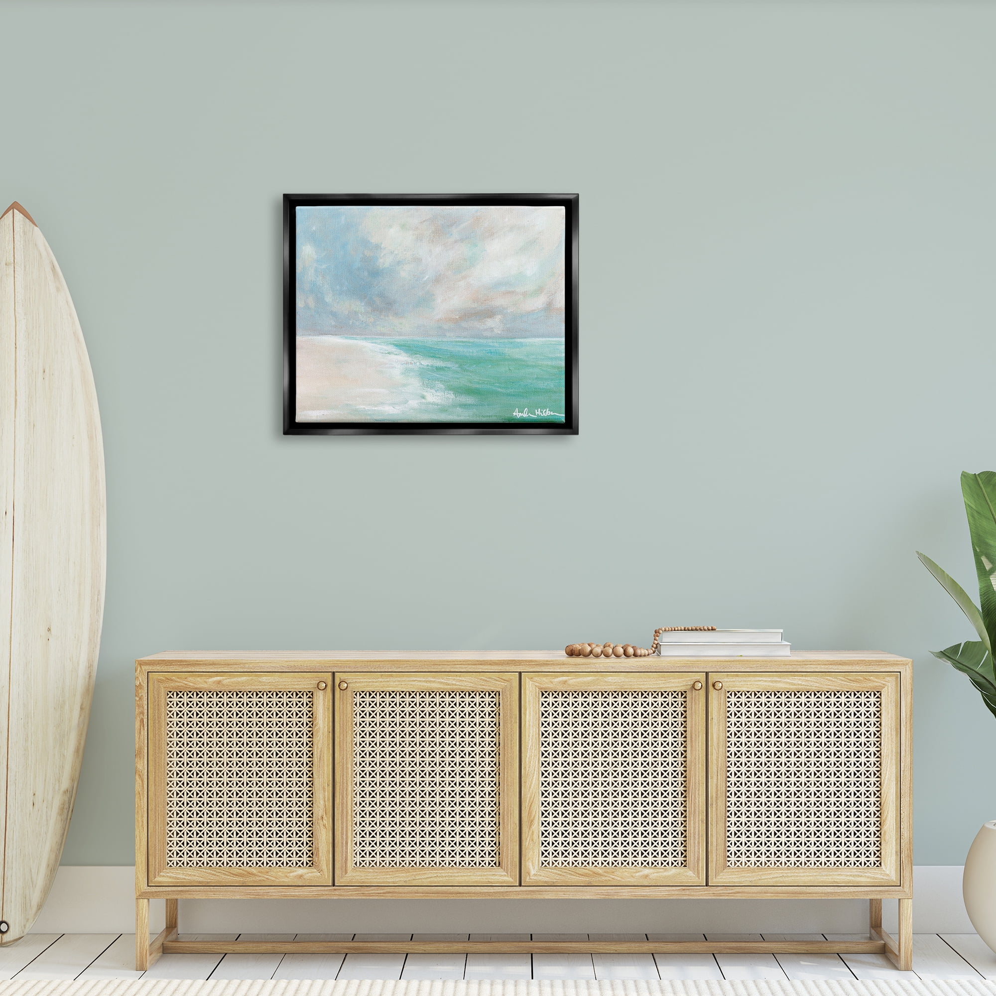 Stupell Peaceful Beach Foam Shore Scenery Landscape Painting Black Floater Framed Art Print Wall Art