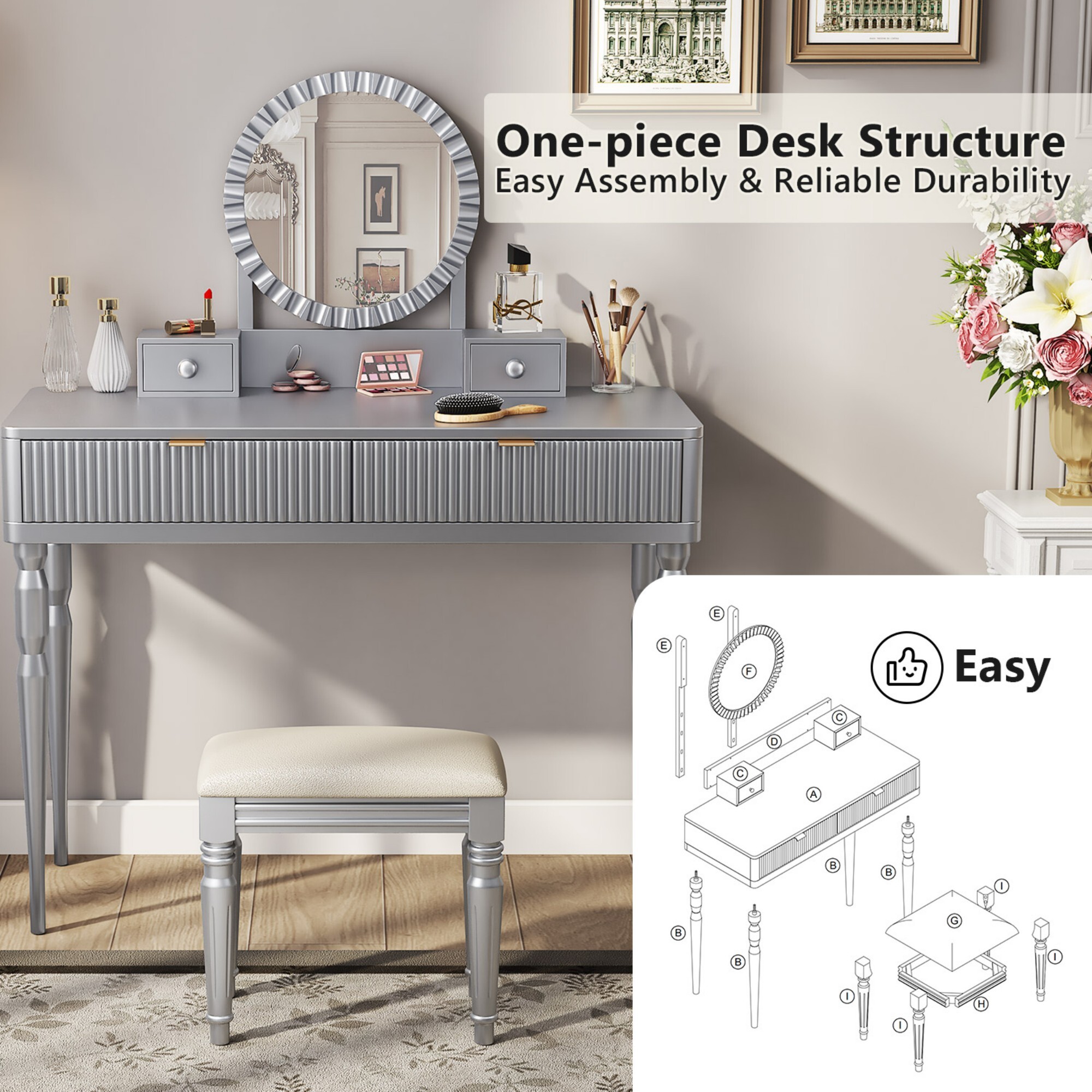 AENKYO Vanity Table with Stool & Adjustable Mirror, Vintage Modern Solid Wood Makeup Desk with 4-Drawer, Silver