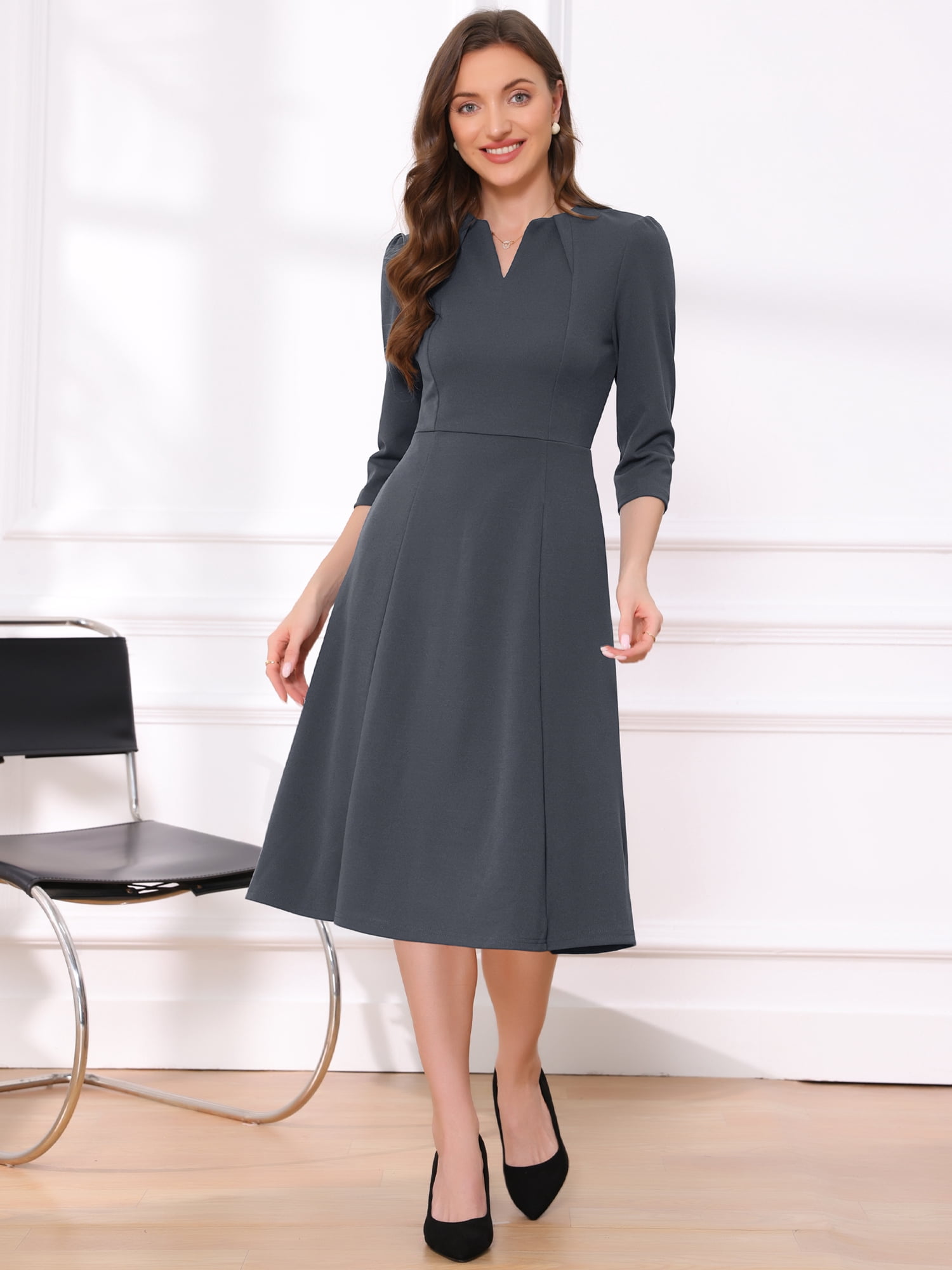 DARING DIVA Women's 3/4 Sleeve V Neck A-Line Midi Dress with Pockets XL Dark Grey