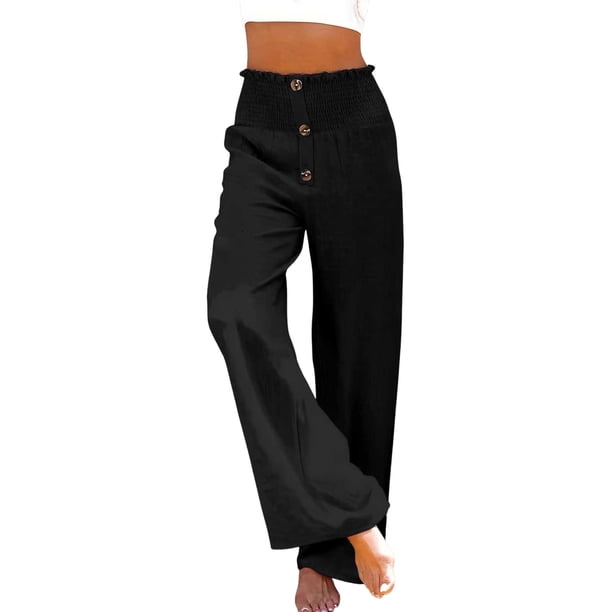Pantalones palazzo de lino de cintura alta y pierna ancha para mujer, con cordón y bolsillos