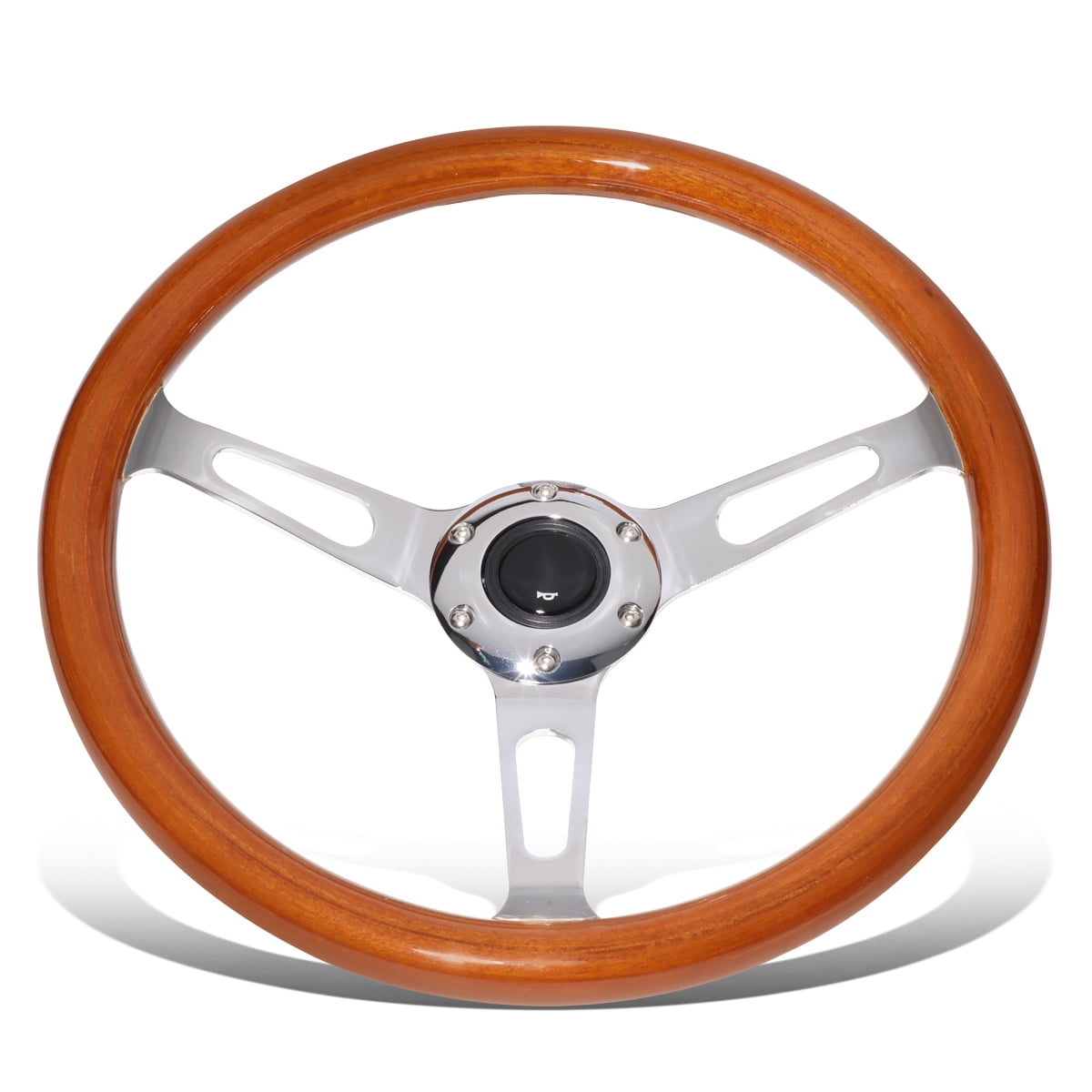 15 Inch Wood Grain Steering Wheel - 3 Spoke Billet Polished Deep Dish Vintage Style