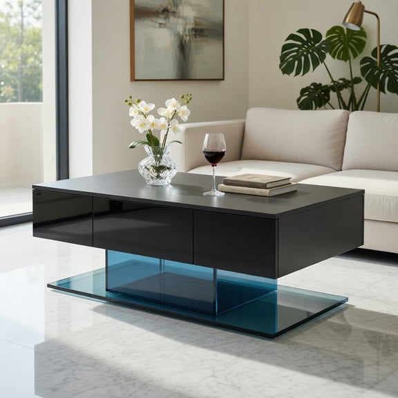 Kadyn Cocktail Tea Table,Coffee Table,Sofa Table Tea Table,Modern LED Coffee Table with 20 Color LED Lights and 2 Storage Drawers-Black