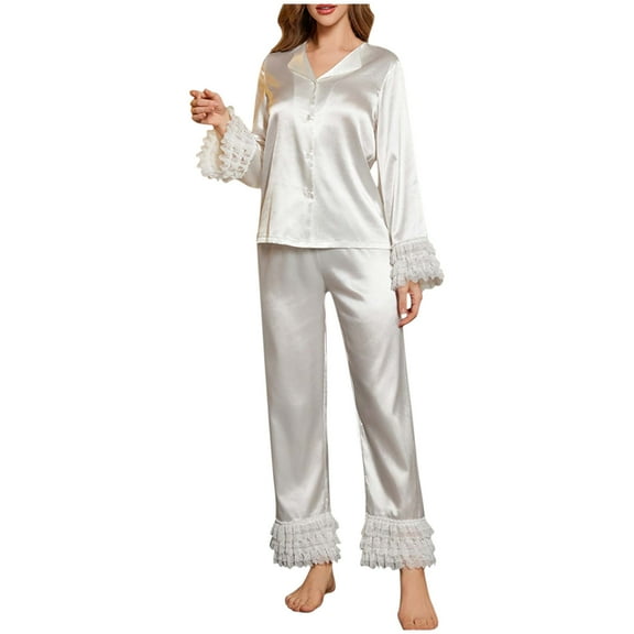 SuTry Women's Elegant Solid Color Embroidery Mesh Long Sleeves Lace Silk like Pajamas Set Embroidery Suitable for Home Wearing Suit(White#1,L)