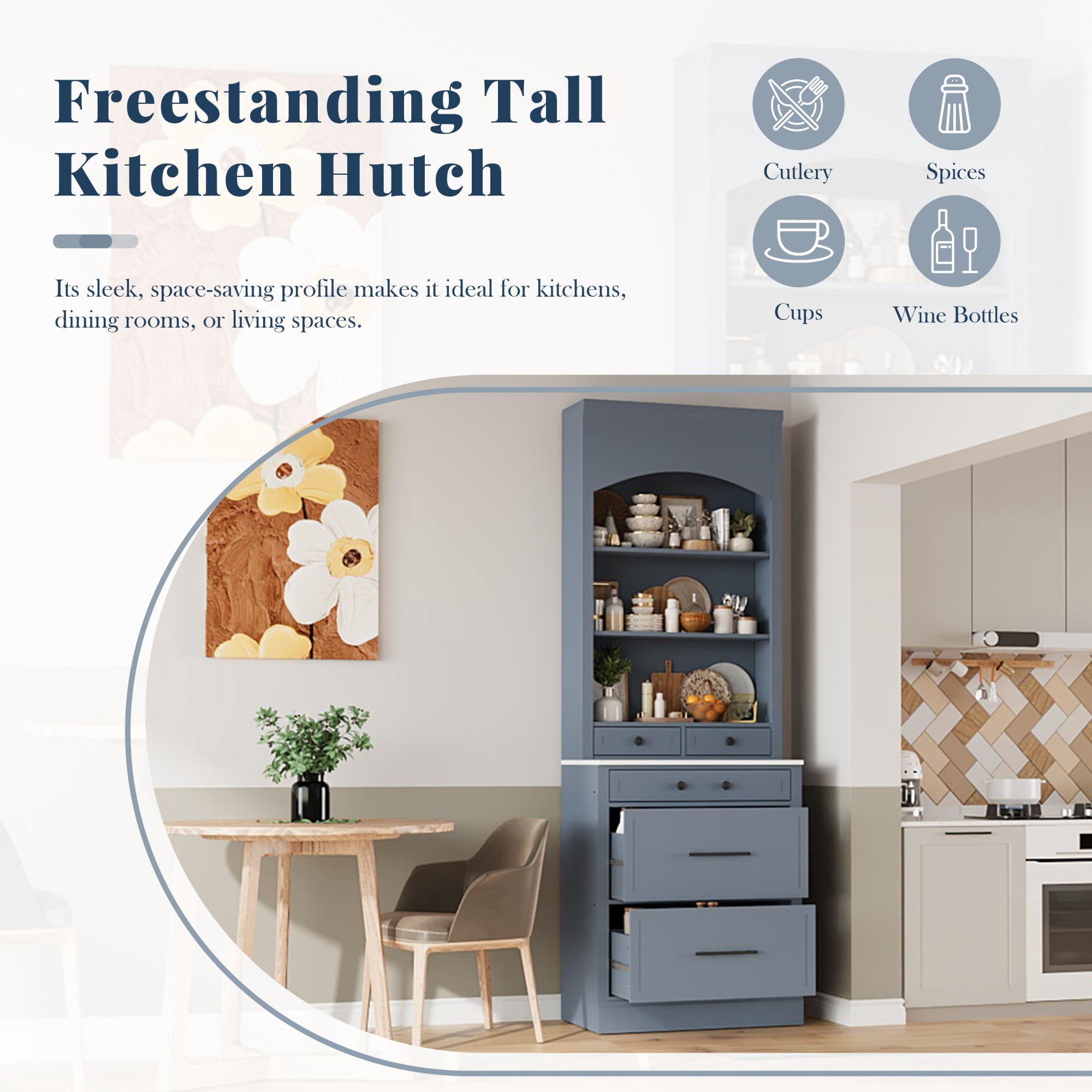 Modern 83.7inch High Kitchen Pantry, Freestanding Tall Kitchen Hutch with Faux Marble Top, Display Cupboard Cabinet with 5 Storage Drawers and Adjustable Shelf (Gray)