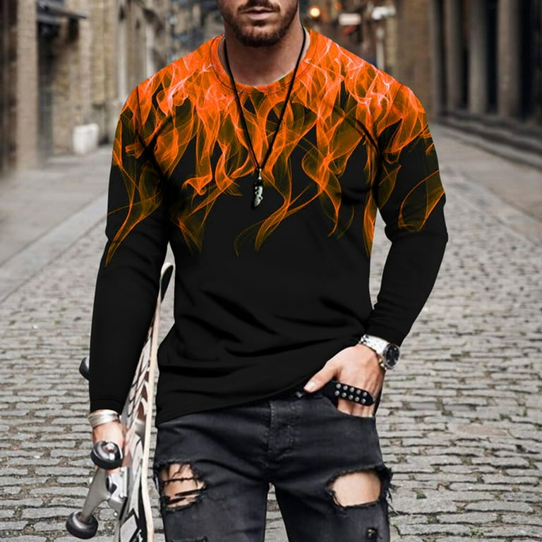 T Shirts for Men Pack Flame Print Round Neck Long Sleeve Men's Tshirt  Oversized T Shirts for Men Black T Shirts for Men Long Sleeve T Shirts Men  New