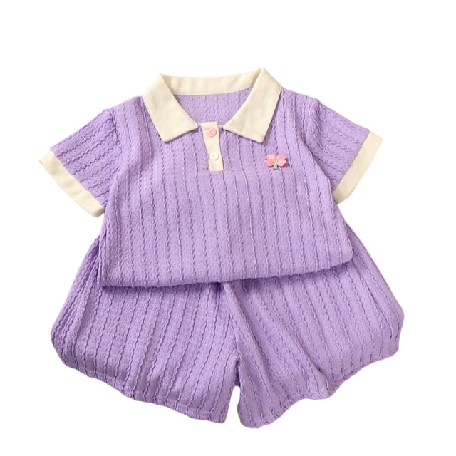 Conjunto de Pantalones Cortos de Verano para Niñas Manga Corta Color Sólido Camiseta Casual con Partes Inferiores a Juego