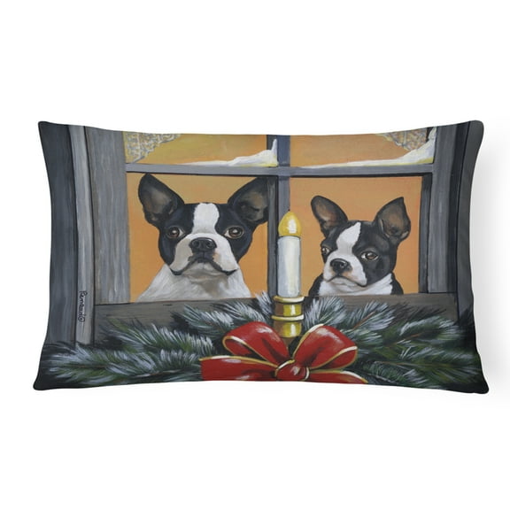 Carolines Treasures PPP3248PW1216 Boston Terrier Looking for Santa Christmas Canvas Fabric Decorative Pillow  12H x16W