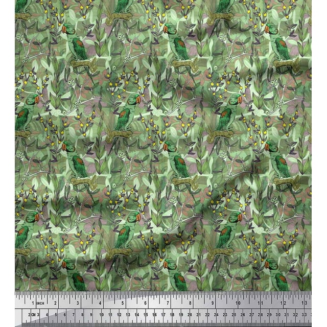 Soimoi Poly Georgette Fabric Leaves, & Parrot Bird Printed Fabric 1 Yard 52 Inch Wide