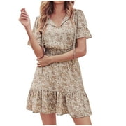 AOOCHASLIY Summer Clearance Fashion Women V-Neck Bandage Floral Print Casual Short Sleeve Dresses