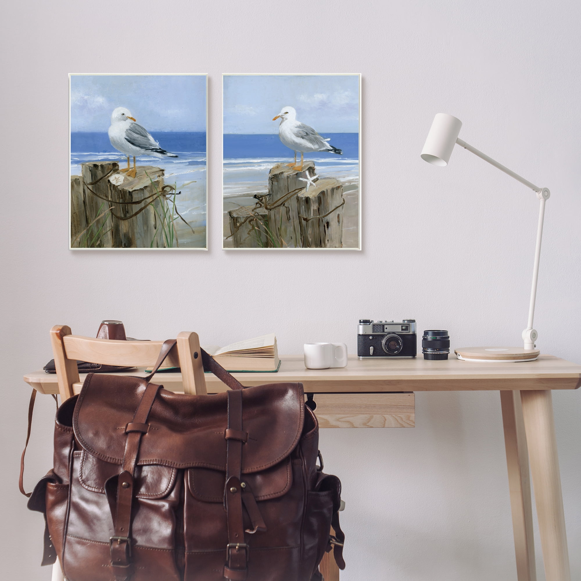 Seagulls Beach Shore Wooden Pillars Sanddollar Starfish Scene 13 in x 19 in Framed Painting Art Prints, by Stupell Home Décor Set of 2
