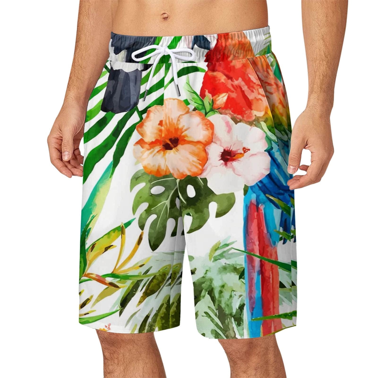 Basketball Shorts Men Hawaiian Pocket Elastic Waist Print Beach