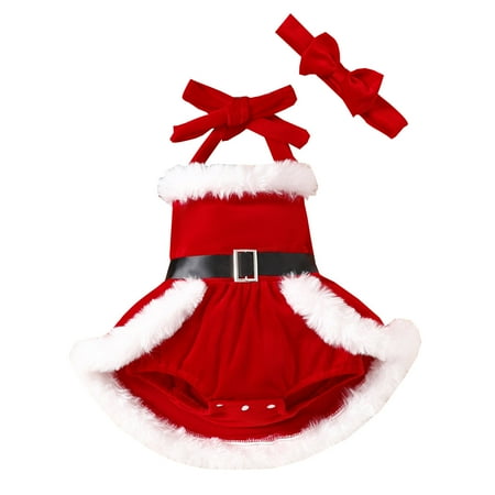 

Christmas Fuzz Red Toddler Bodysuit Dress Girls Sleeveless Christmas Backless Romper Bodysuits Dress Headbands Set 12-18 Months