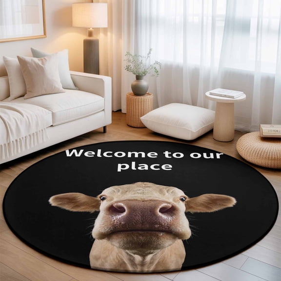 Round Area Rugs 5Ft, Funny Cow Non-Slip Washable Circle Rugs Carpet, Welcome To OUR Place Modern Retro Indoor Outdoor Rug Floor Mats Throw Runner for Bedroom Living Room Bathroom