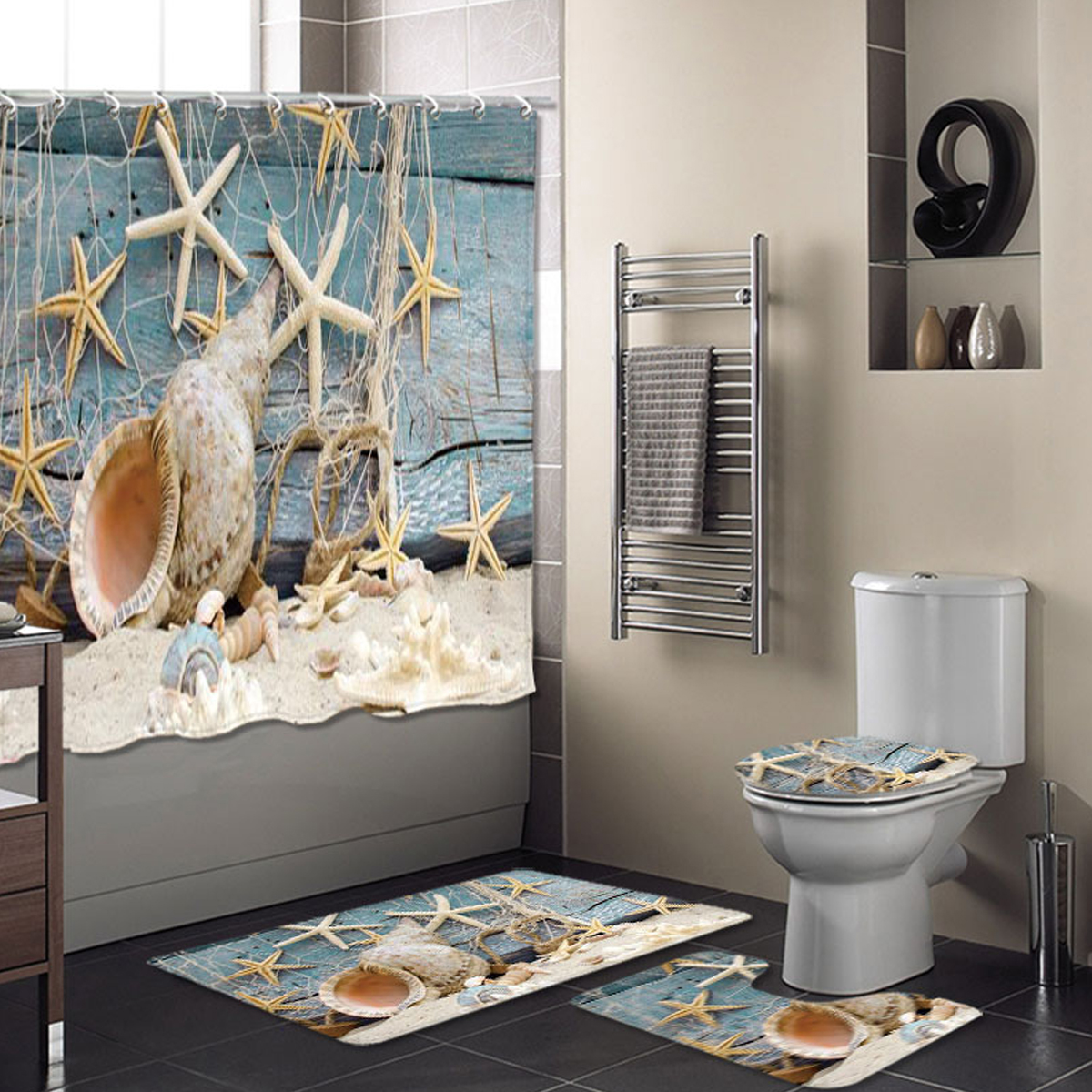 4pcs Beach Bathroom Set Shower Curtain Toilet Seat Cover Bath Mat+Non-Slip Rug