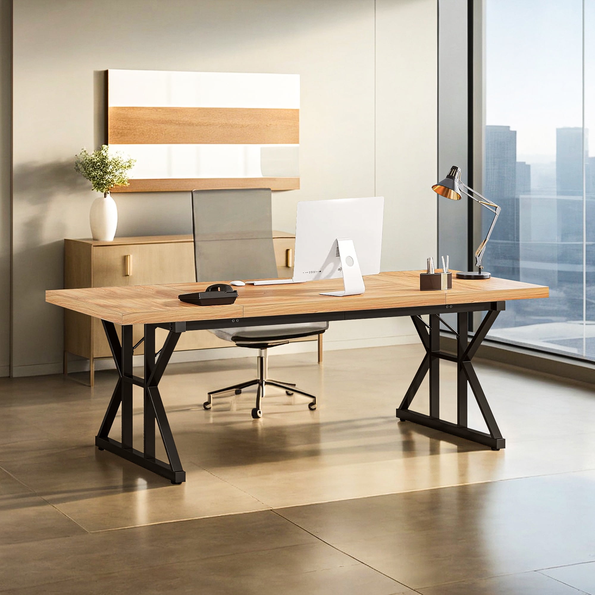 Demi Bonn 70" Large Executive Computer Desk with Metal Frame, Modern Duty Study Writing Gaming Table for Home Office, Rectangle Conference Table, Brown & Black