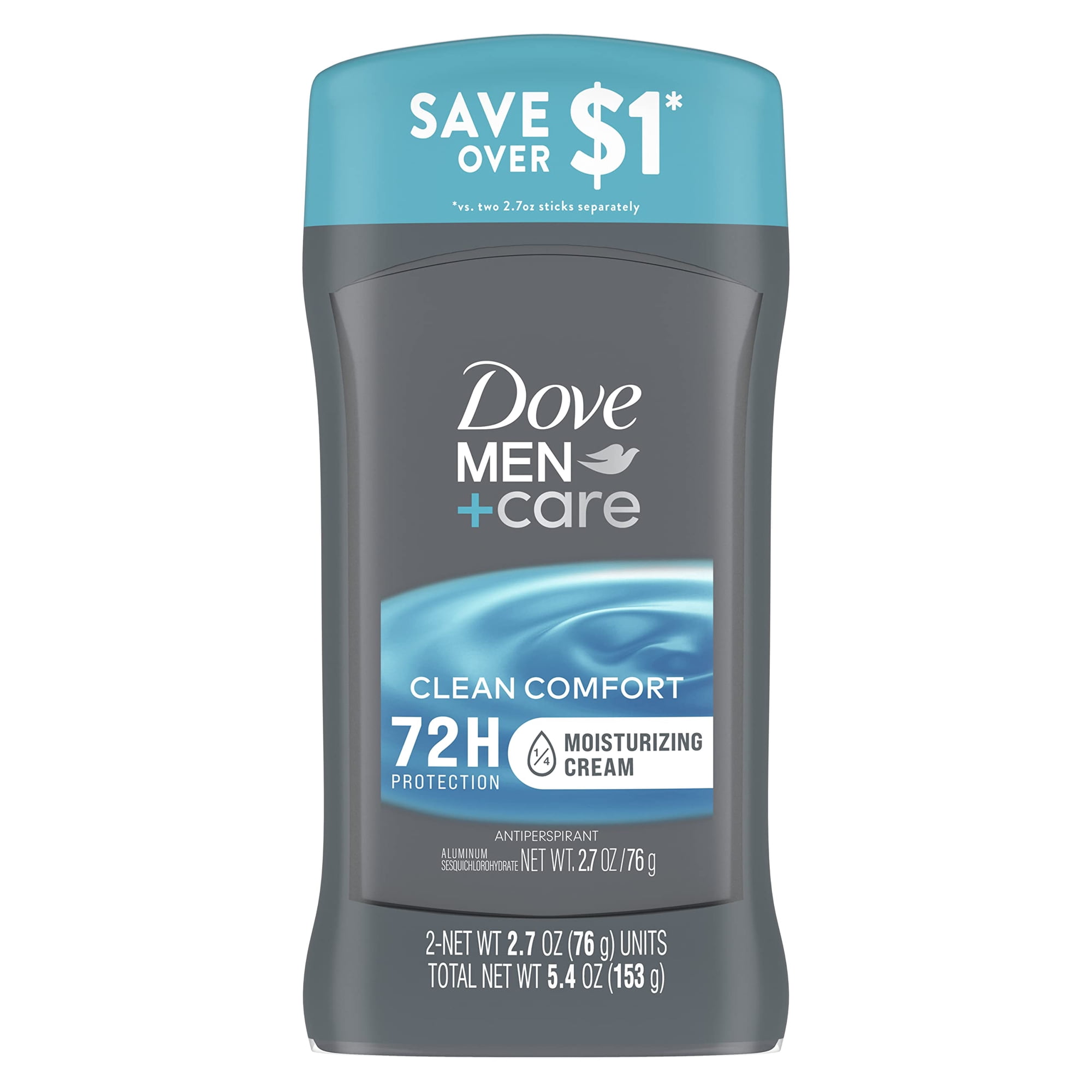 Dove Men+Care Antiperspirant Deodorant Stick Clean Comfort Twin Pack 72-Hour Sweat & Odor Protection Antiperspirant For Men With 1/4 Moisturizing Cream 2.7 Oz