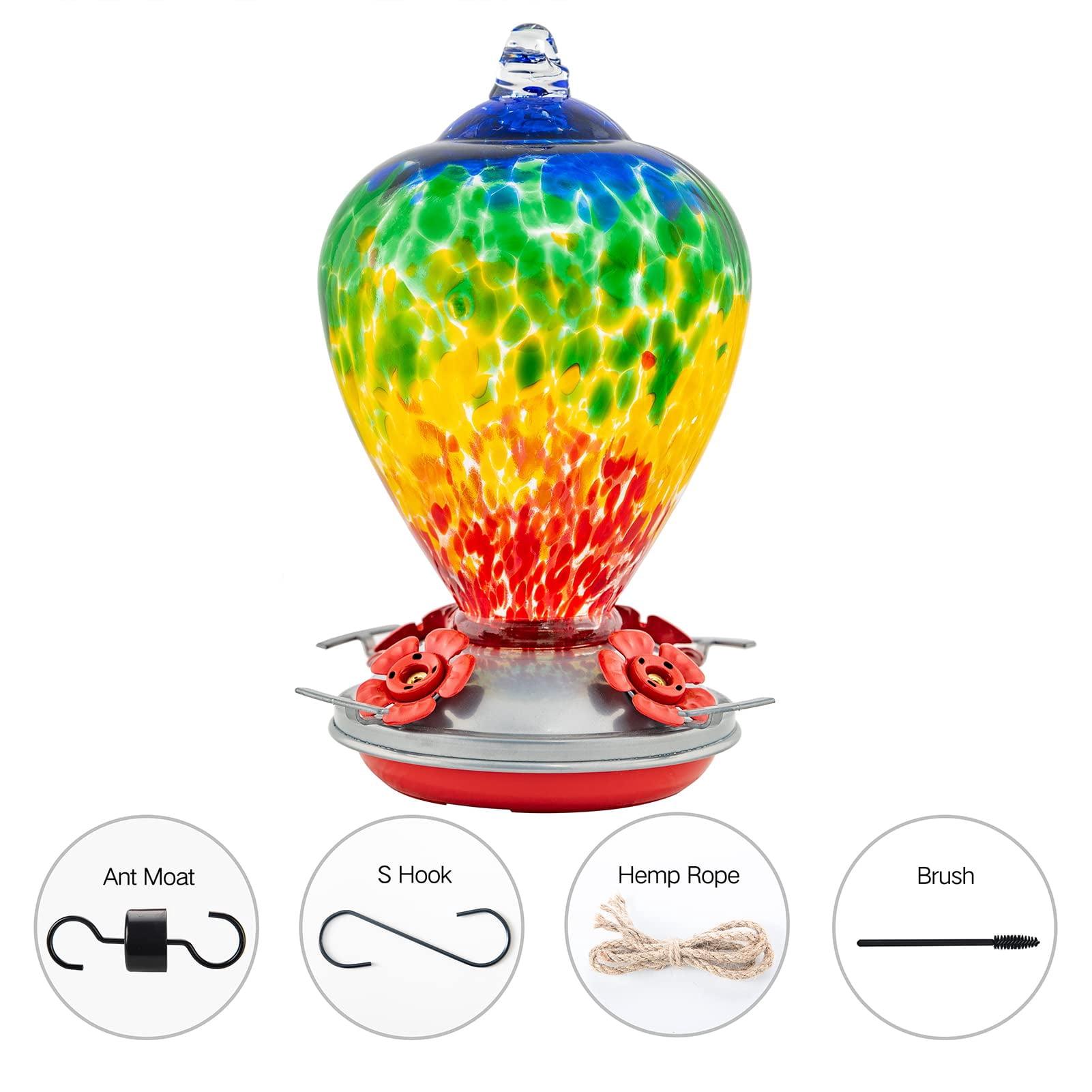 Rainbow Hand Blown Glass Hummingbird Feeder For Outdoors Hanging Gardening Yard Patio