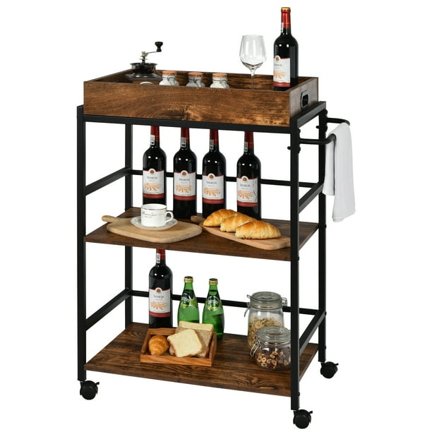 Costway Carrito de Bar de 3 Niveles, Carro de Servicio de Cocina con Ruedas Bloqueables y Asa, Carrito Industrial con Bandeja de Madera Extraíble, Carro de Almacenamiento de Vino para el Hogar/Pub