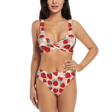 Wukai Red Strawberry Women s Bikini Set Two Piece wimsuit High Waisted V Neck Twist Front Adjustable Spaghetti Straps Bathing Suit-XX-Large