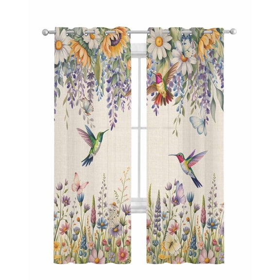 Spring Floral Sheer Curtains 84 Inch Length 2 Panels Set for Living Room/Bedroom, Daisy Sunflowers Wisteria Hummingbird Beige Kitchen Curtains Grommet Semi-Sheer Curtains Window Treatments 52"x84"x2