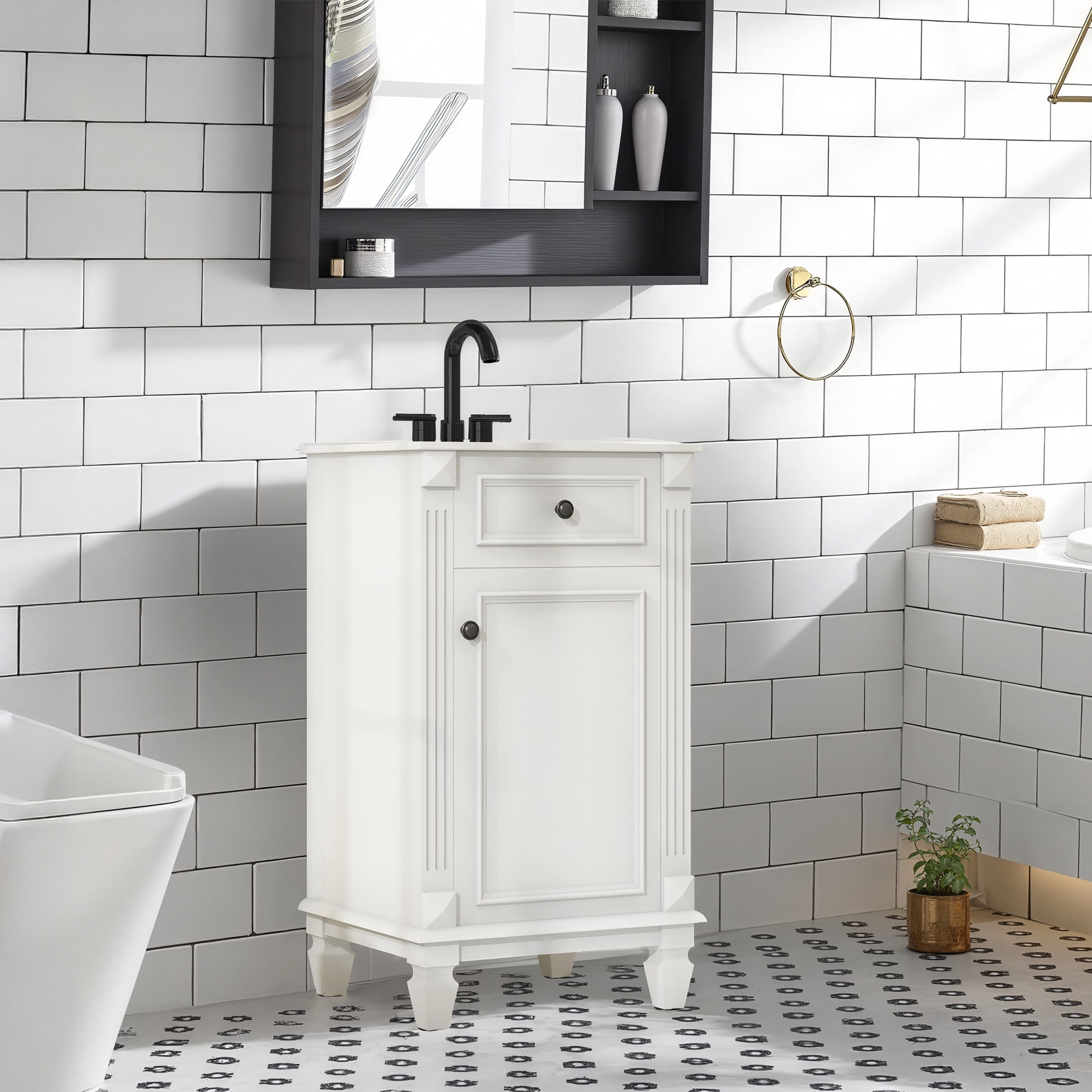 EDX 18-inch Bathroom Vanity Cabinet, Freestanding Modern Cabinet Vanity with Sink, 1 Soft-Closing Door & 1 Drawer,White