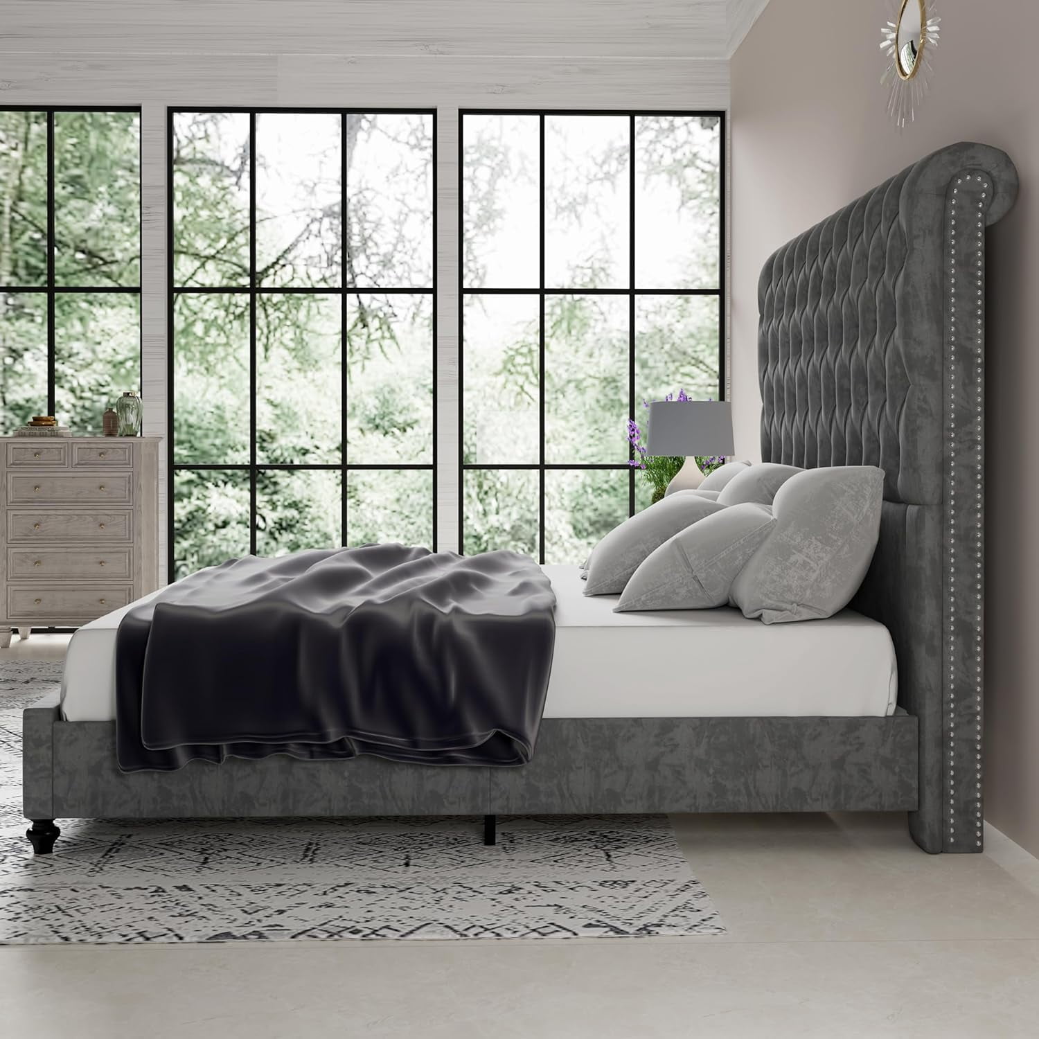 Merluxy King Bed Frame with 59.1" Sleigh Headboard,Velvet Upholstered,No Box Spring Needed,Light Gray