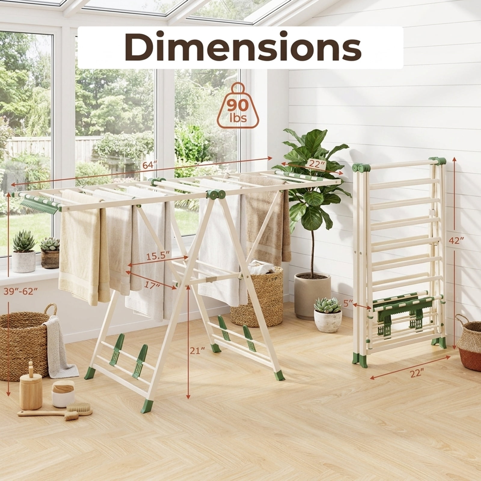 Vebreda Foldable Clothes Drying Rack, 64 Inches Clothes Drying Rack with Height Adjustable Wings, Spacious 2-Tier Drying Space