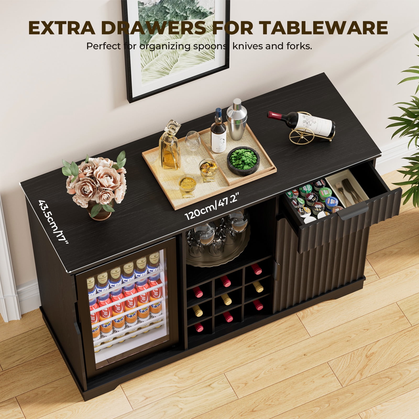BROTTAR Fluted Wine Bar Cabinet with Fridge (Fridge Included), 47" Coffee Bar Cabinet with Wine Rack and Glass Holder, Liquor Cabinets with Drawer & Storage, Home Bar for Dining Room Kitchen, Black