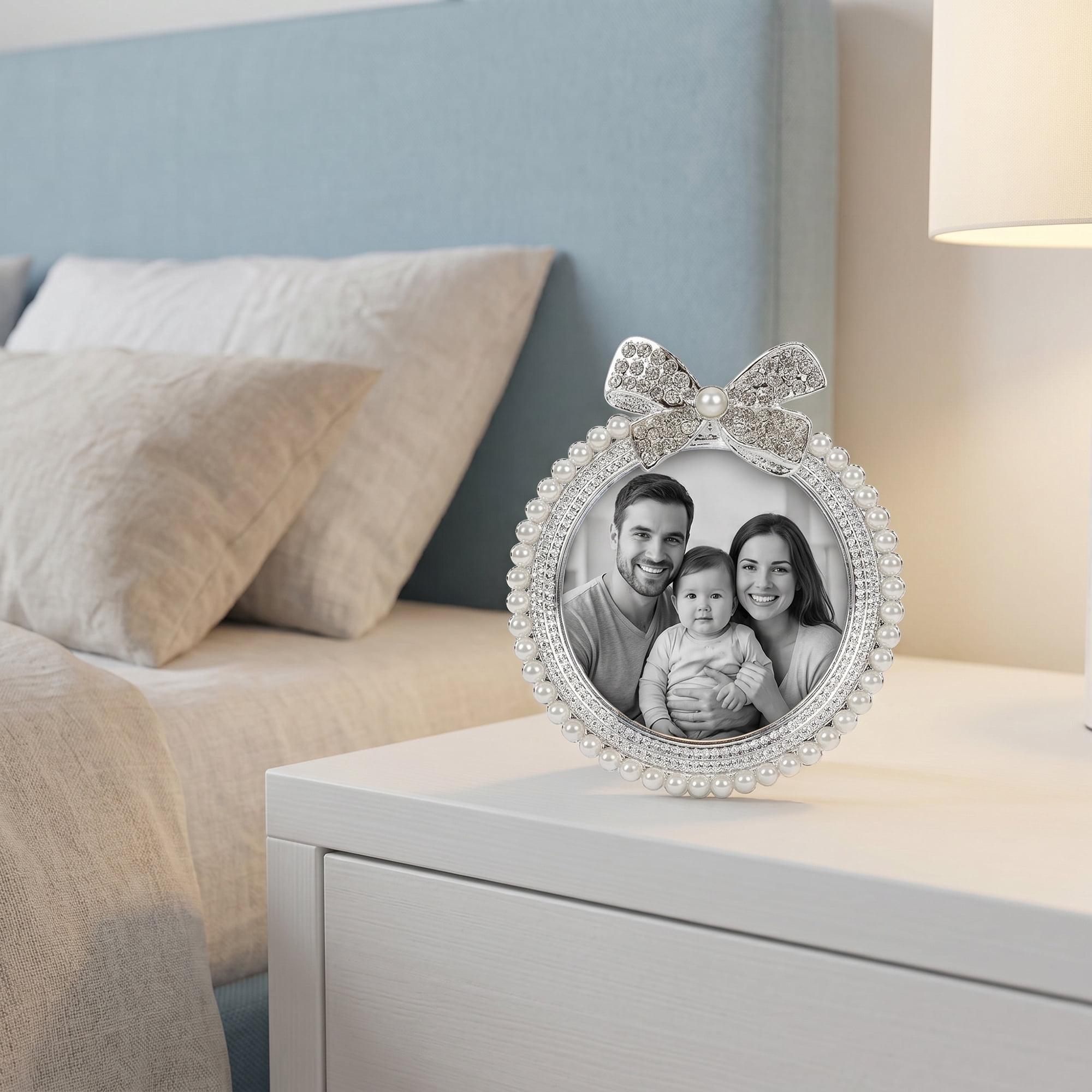 Unique Bargains Bow Cute Pearl Photo Frame with HD Glass Silver White 2.95"x 2.95"