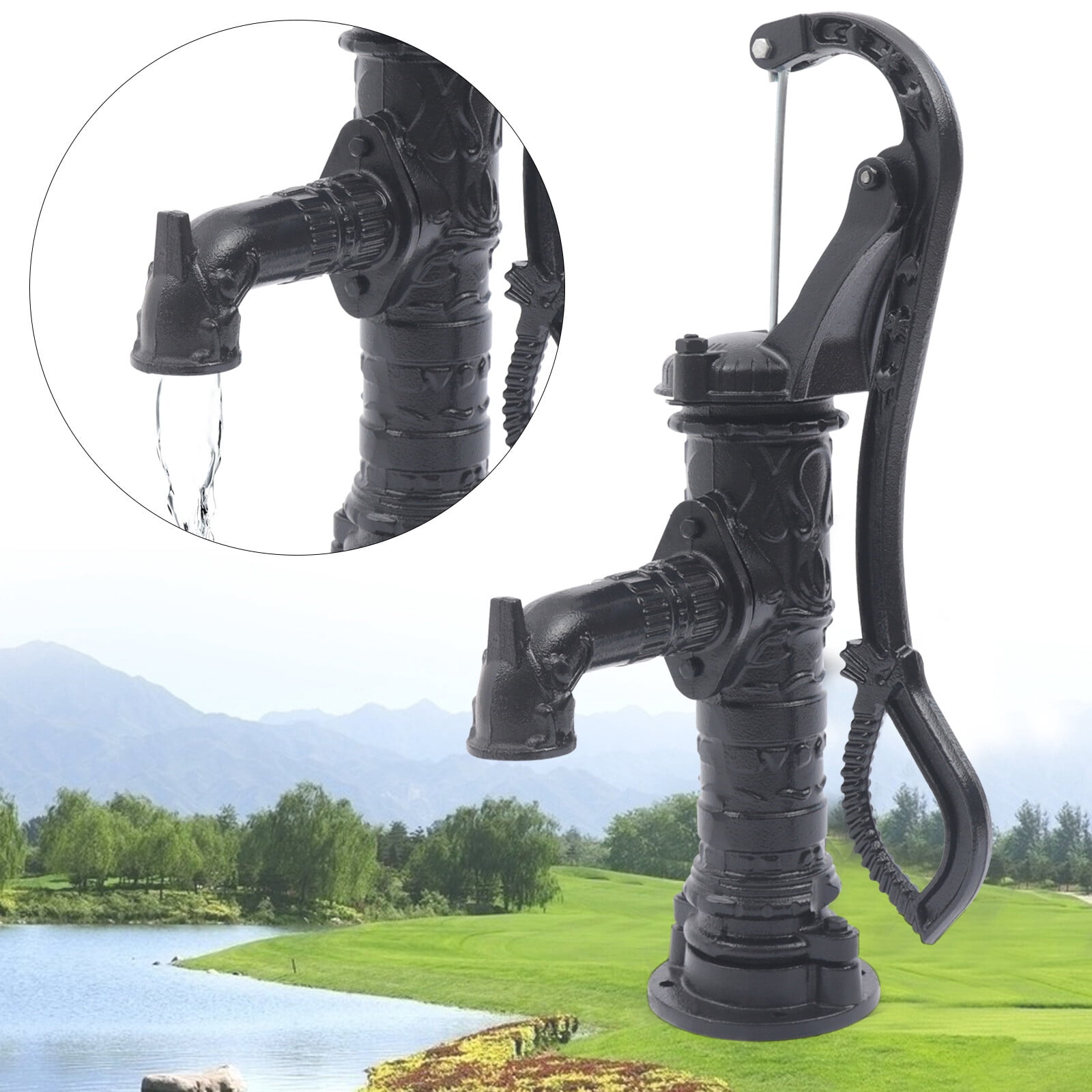 Cast Iron Vintage Pitcher Pump with Extended Spout & Floral Design – Durable Hand Water Pump for Garden, Park & Outdoor Use, Rust-Resistant Black Finish