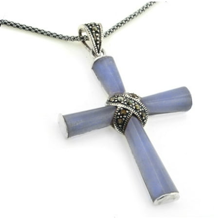 - Sterling Silver Marcasite Purple Jade Cross Pendant w/ 20