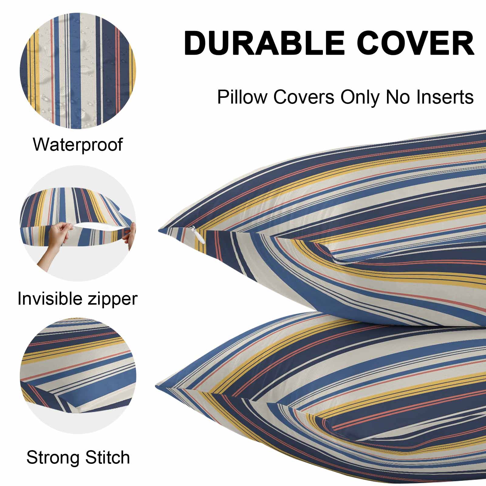 Vintage Stripes Outdoor Pillow Covers Set of 2 Navy Yellow Blue Striped Retro Line Waterproof Throw Pillow Case Decorative Square Cushion Cover for Patio Couch Garden Balcony, 20"x12"