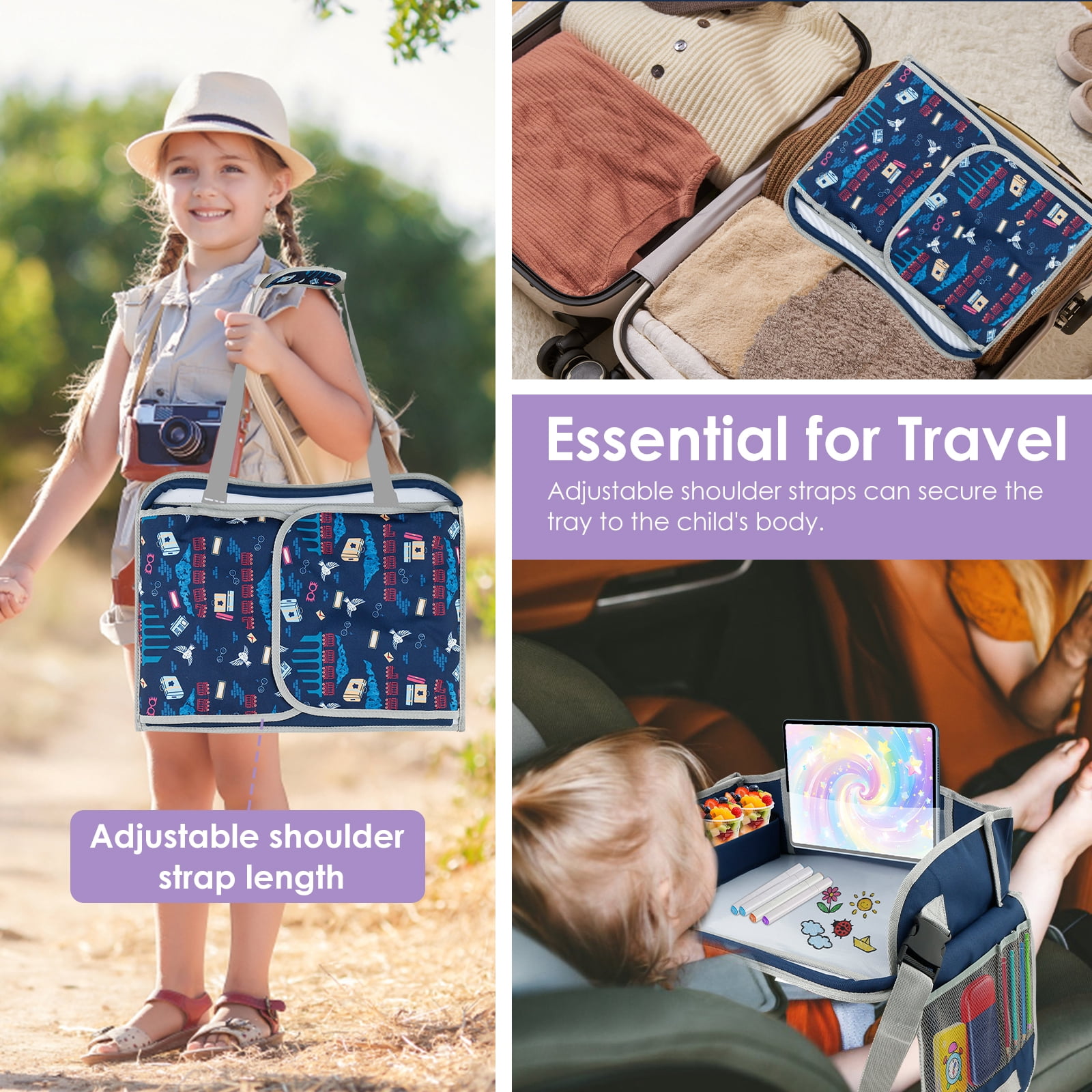 Carseat Table Tray for Kids Polyester Made Portable Drawing Board with Padded Shoulder Strap for Road Trip Activities