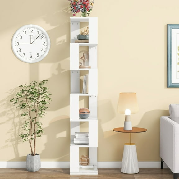 Tcbosik 6-Tier Rotating Bookshelf, 360° Revolving Book Shelves, Floor-Standing Storage Display Rack for Small Space Bedroom Living Room, White
