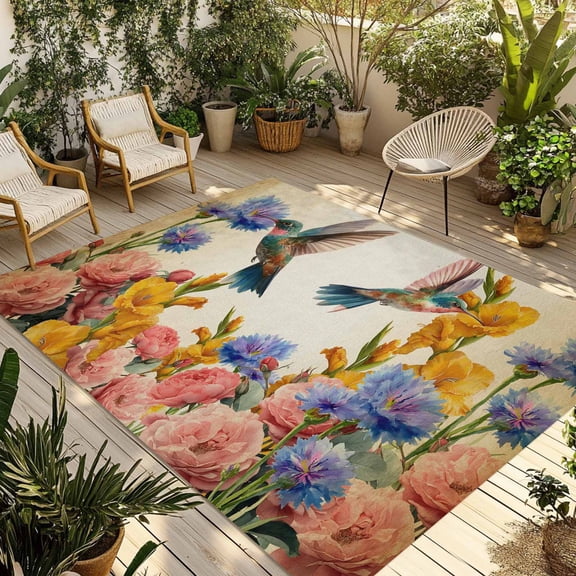 Vintage Hummingbirds Outdoor Rug for Patio/Deck/Porch, Non-Slip Large Area Rug 3 x 5 Ft, Spring Farmhouse Country Flowers Indoor Outdoor Rugs Washable Area Rugs, Reversible Camping Rug Carpet Runner