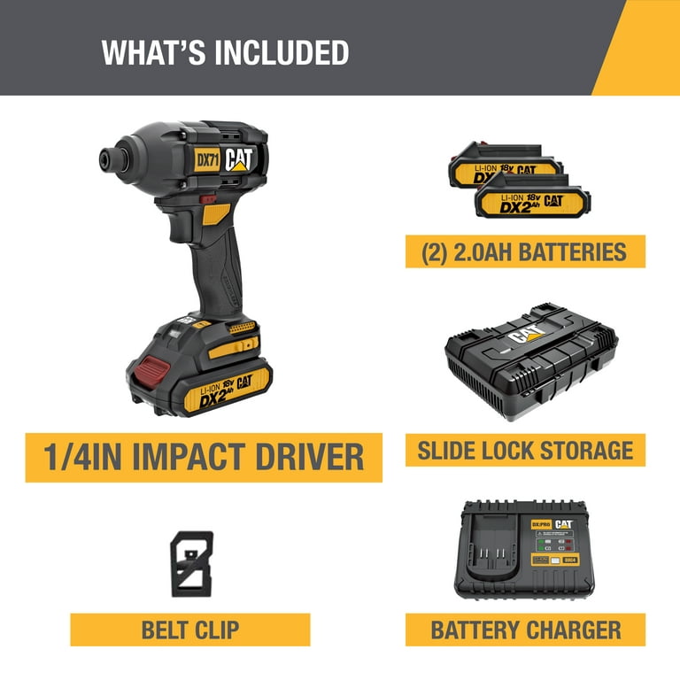 Caterpillar Cat® DX71 18V 1/4” Cordless High-Torque Impact Driver,  Brushless with 3 Speed Settings – 2 Batteries & Charger Included