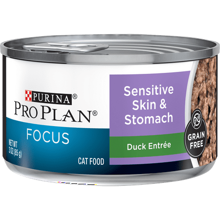(24 Pack) Purina Pro Plan Sensitive Stomach, Grain Free Wet Cat Food, FOCUS Sensitive Skin & Stomach Duck, 3 oz. Pull-Top Cans