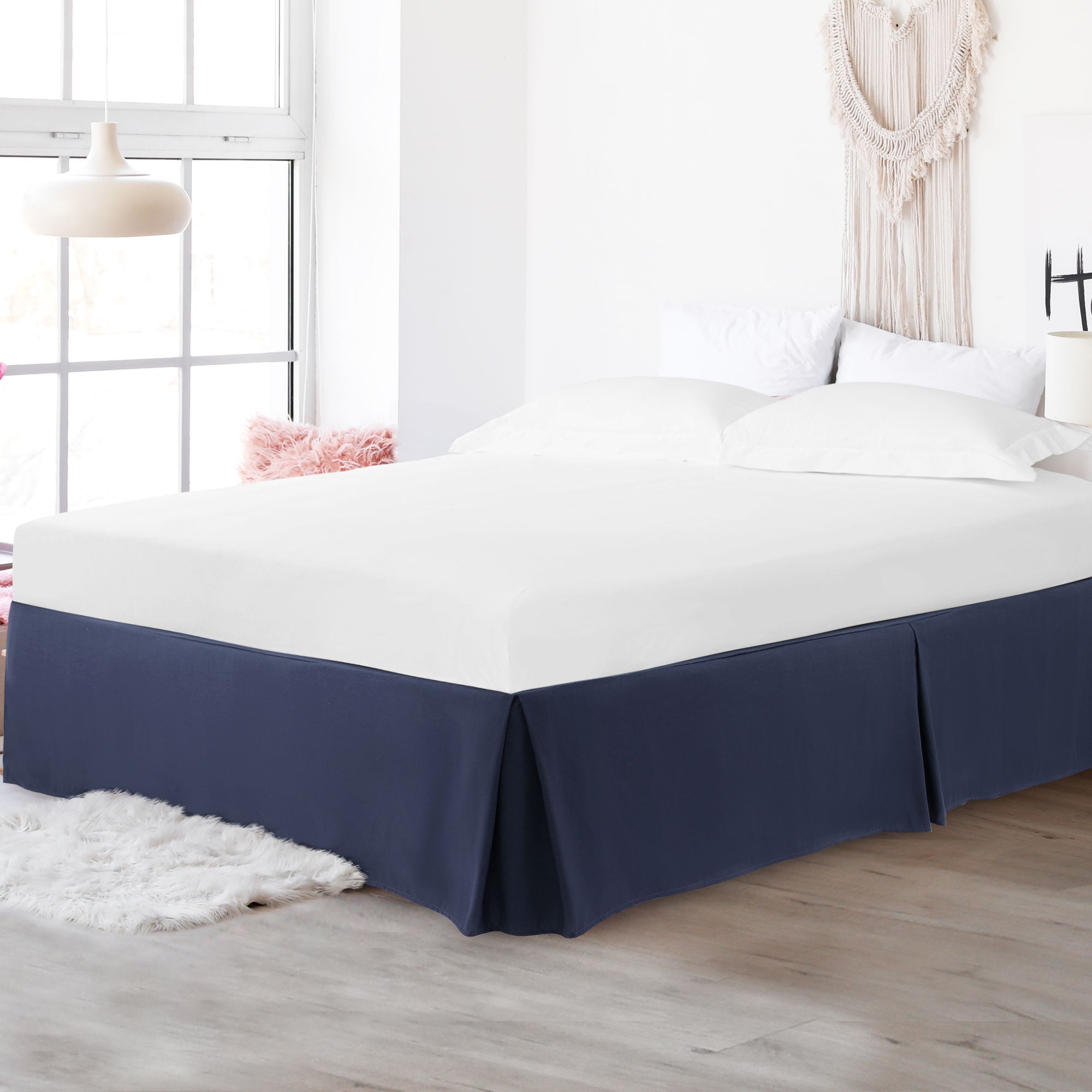 Unique Bargains 16" Drop Pleated Brushed Bed Skirt Queen Navy Blue