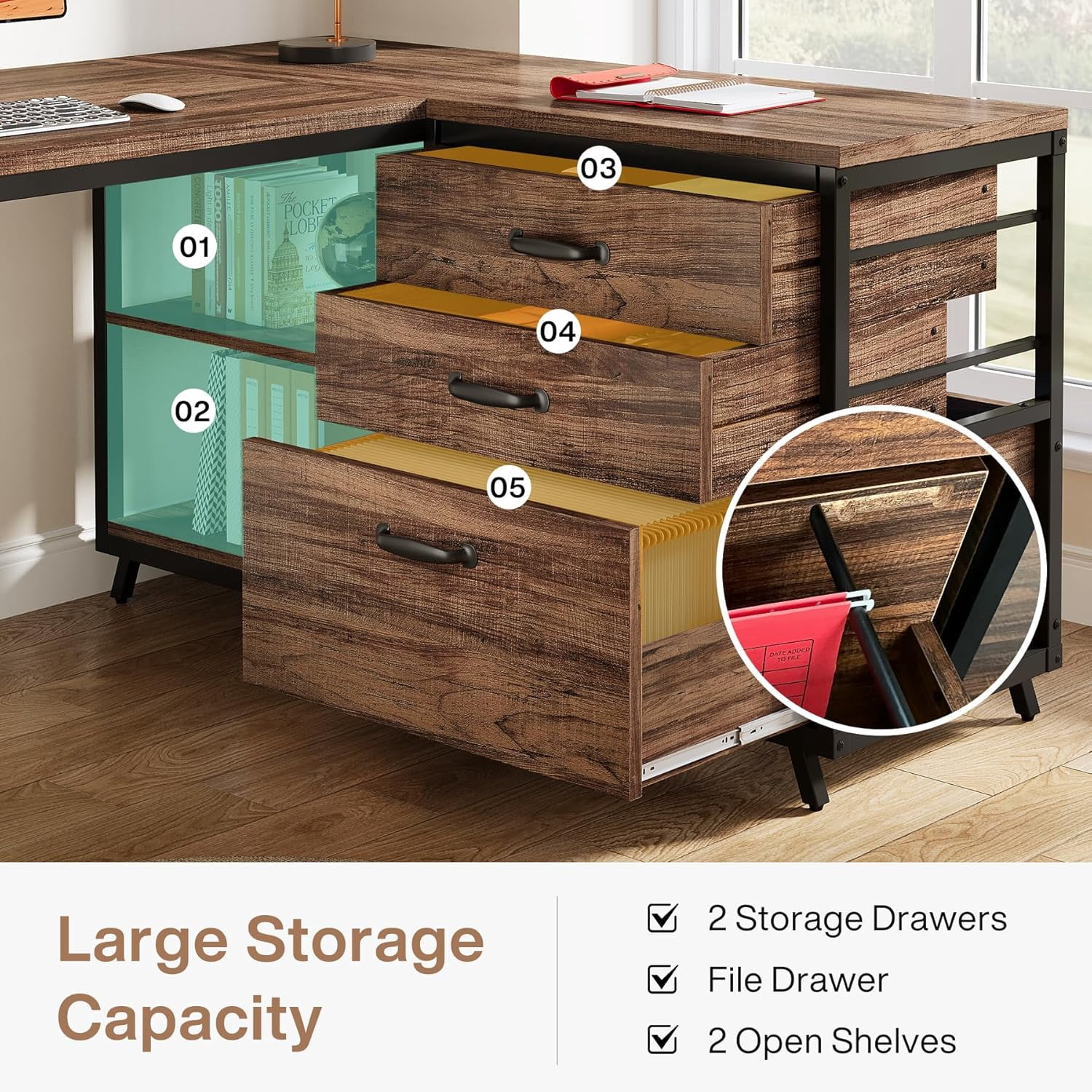 Tribesigns 53" L Shaped Office Desk, Reversible Corner Computer Desk with 3 File Drawers and 2 Storage Shelves for Home Office, Study, Gaming Room (Brown)