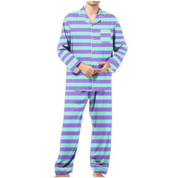 Nrmvnmi Men Pajama Sets Sleepwear 2024 Soft Cozy Stripe Pajama Sets Collared Neck Long Sleeved Tops And Elastic Wais Pants Pajamas Suits Lightweight Breath Loungewear