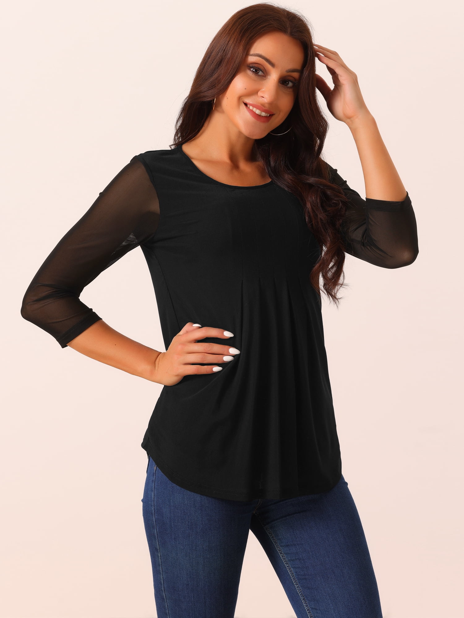 DARING DIVA Pleated Double Layers Mesh Blouse S Black